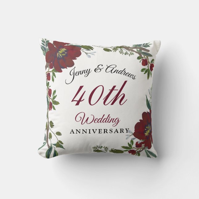 Burgundy Red Wreath 40th Wedding Anniversary Gift Throw Pillow (Front)