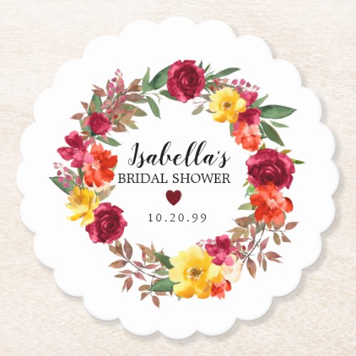 Burgundy Red Yellow Orange Floral Bridal Shower M Paper Coaster