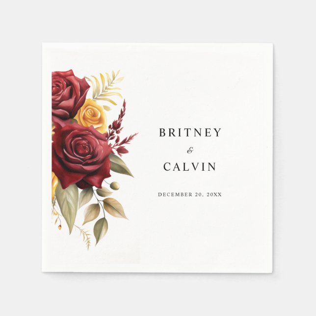 Burgundy Red Yellow Roses Floral Elegant Wedding Napkins (Front)