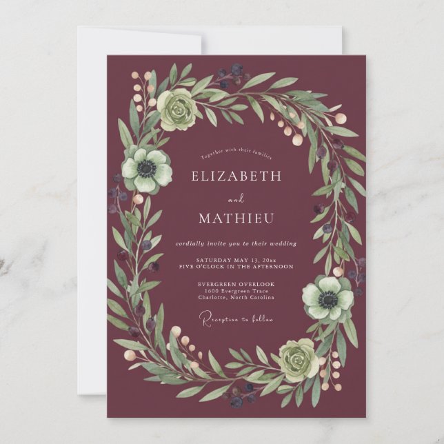 Burgundy Regal Botanical Wedding Invitation (Front)