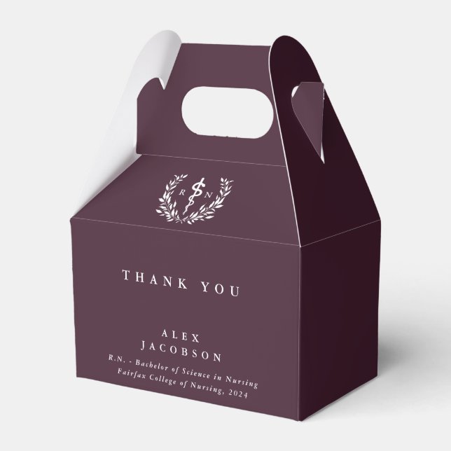 Burgundy Registered Nurse + Asclepius Graduation Favor Boxes (Front Side)