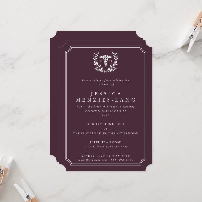 Burgundy Registered Nurse Caduceus+Laurel Wreath Invitation (Front/Back In Situ)