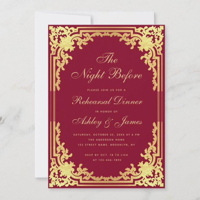  Burgundy Rehearsal Dinner Vintage Faux Gold Foil Invitation (Front)