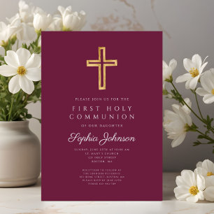 Burgundy Religious Cross Boy First Communion Invitation