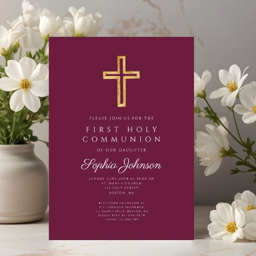 Burgundy Religious Cross Boy First Communion Invitation