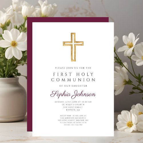Burgundy Religious Cross Girl First Holy Communion Invitation