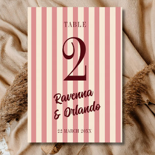 Burgundy Retro Blush Pink Stripes Wedding Table Number