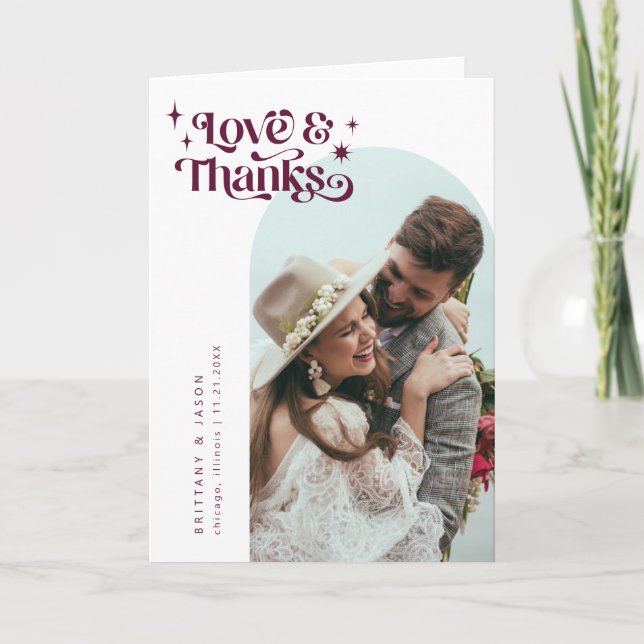 Burgundy Retro Love & Thanks White Arch Wedding   Thank You Card (Front)