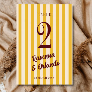Burgundy Retro Muted Peach Stripe Wedding Table Number
