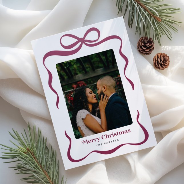 Burgundy Ribbon Gift Bow Merry Christmas Photo Letterpress Photo Cards (Creator Uploaded)