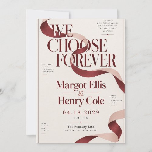Burgundy Ribbon Modern Wedding Invitation