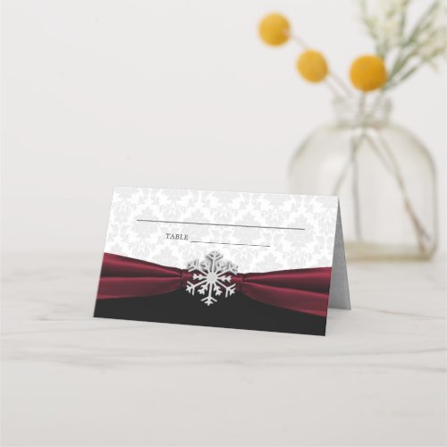 Burgundy Ribbon Winter Wedding Place Card