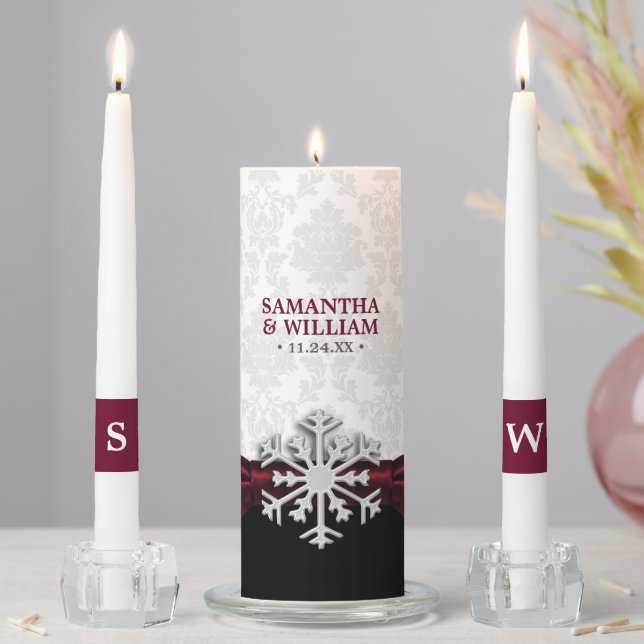 Burgundy Ribbon Winter Wedding Unity Candle Set (In Situ)