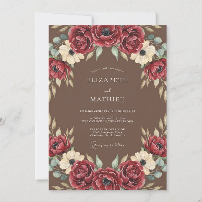 Burgundy Rich Floral Romance Wedding Invitation (Front)