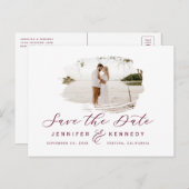 Burgundy Romantic Brushed Photo Save The Date Postcard (Front/Back)