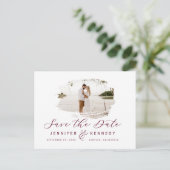 Burgundy Romantic Brushed Photo Save The Date Postcard (Standing Front)
