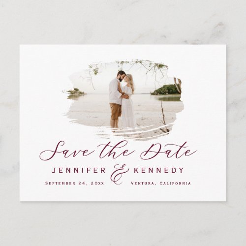 Burgundy Romantic Brushed Photo Save The Date Postcard