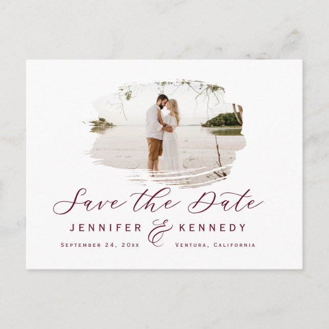 Burgundy Romantic Brushed Photo Save The Date Postcard (Front)