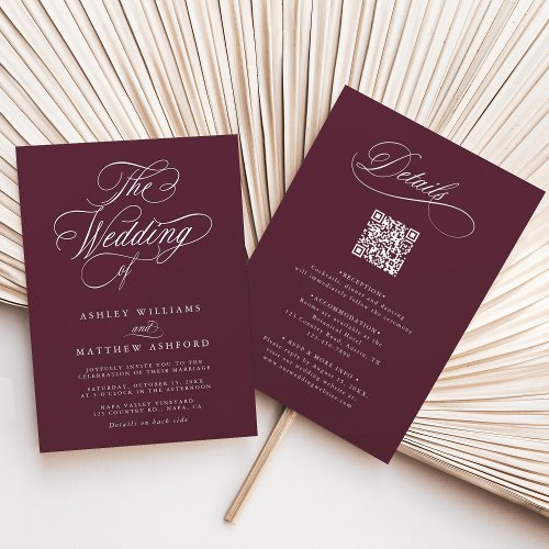Burgundy Romantic Calligraphy All In One Wedding  Invitation