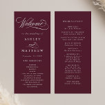 Burgundy Romantic Calligraphy Wedding Ceremony Program<br><div class="desc">This burgundy and white wedding ceremony program featuring elegant and romantic swirly calligraphy lettering with your names,  wedding date,  order of service,  and wedding party details. For more advanced customization of this design,  please click the BLUE DESIGN TOOL BUTTON above!</div>