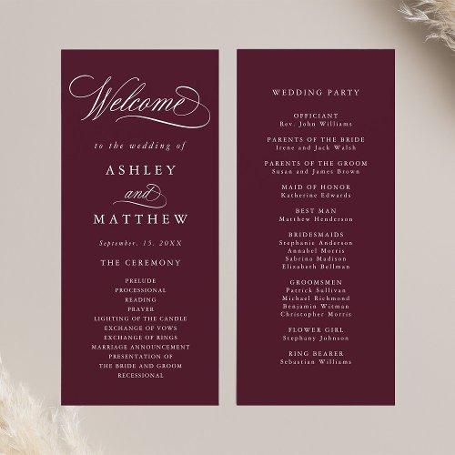 Burgundy Romantic Calligraphy Wedding Ceremony Program