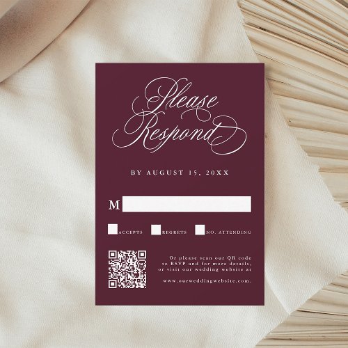 Burgundy Romantic Calligraphy Wedding QR Code RSVP Card