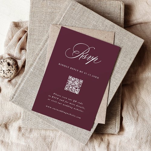 Burgundy Romantic Calligraphy Wedding QR Code RSVP Card