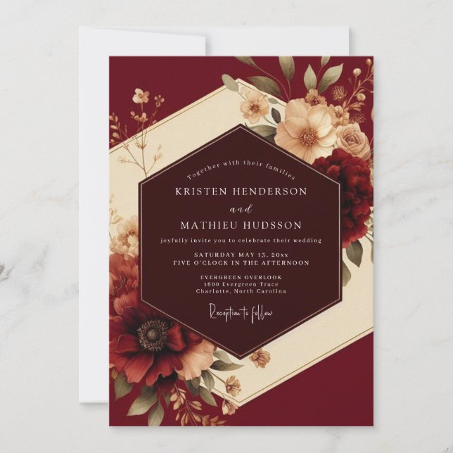 Burgundy Romantic Flora Wedding Invitation (Front)