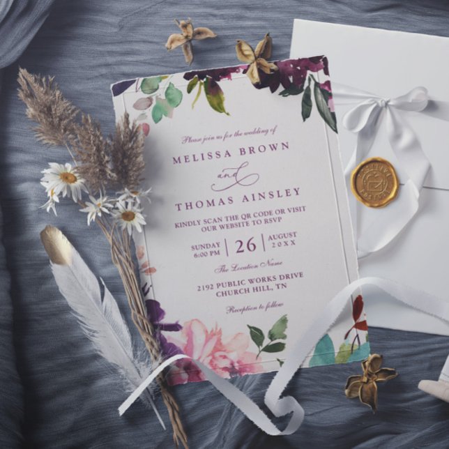 Burgundy Romantic Florals Elegant QR Code Wedding Invitation (Creator Uploaded)