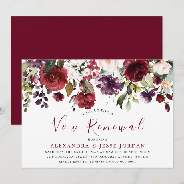 Burgundy Romantic Flowers Vow Renewal Anniversary Invitation (Front/Back)
