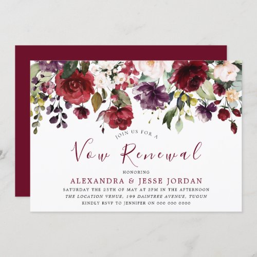 Burgundy Romantic Flowers Vow Renewal Anniversary Invitation
