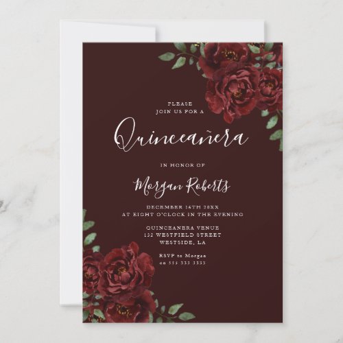 Burgundy Romantic Red Roses Quinceanera Party Invitation