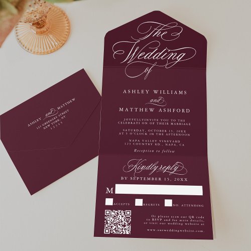 Burgundy Romantic Swirly Calligraphy Wedding All In One Invitation