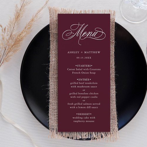 Burgundy Romantic Swirly Calligraphy Wedding Menu