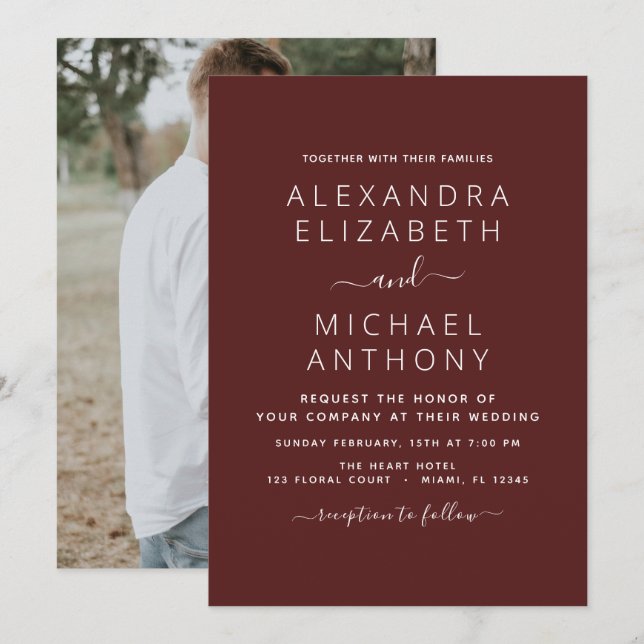 Burgundy Romantic Wedding with Photo Invitation (Front/Back)