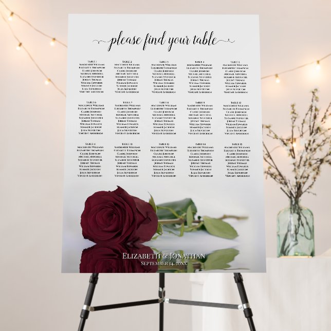 Burgundy Rose 15 Table Chic Wedding Seating Chart Foam Board (In Situ (Stand))