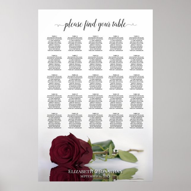 Burgundy Rose 25 Table Wedding Seating Chart (Front)