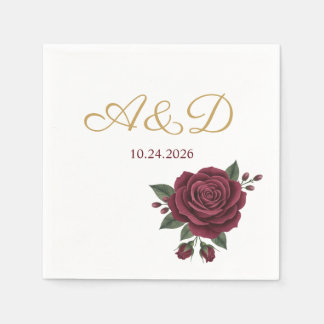 Burgundy Rose and Gold Foil Wedding Monogram Napki Napkins