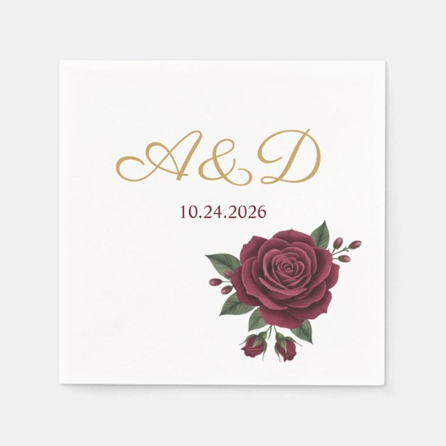 Burgundy Rose and Gold Foil Wedding Monogram Napki Napkins (Front)
