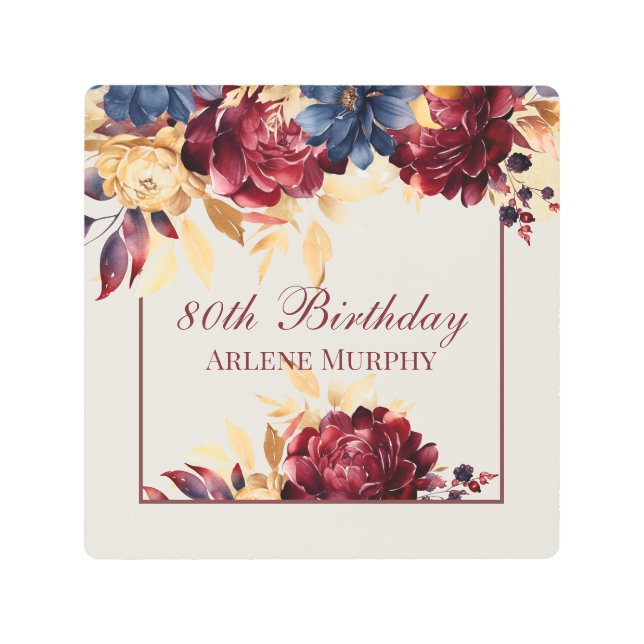 Burgundy Rose and Navy 80th Birthday Metal Print (Front)