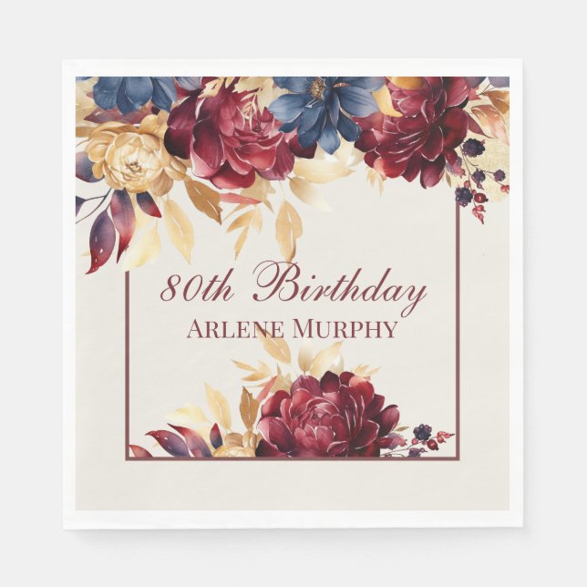 Burgundy Rose and Navy 80th Birthday Napkins (Front)