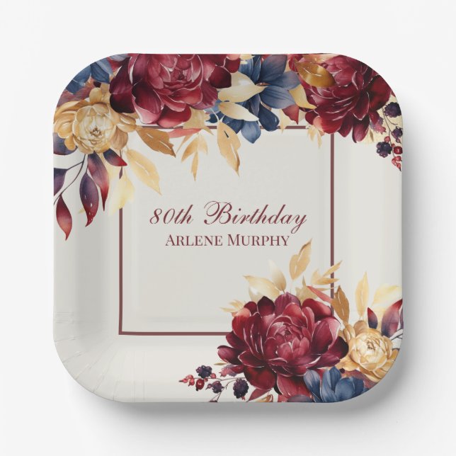 Burgundy Rose and Navy 80th Birthday Paper Plates (Front)