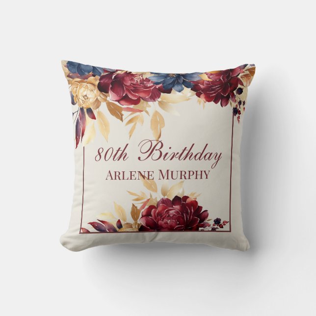 Burgundy Rose and Navy 80th Birthday Throw Pillow (Front)