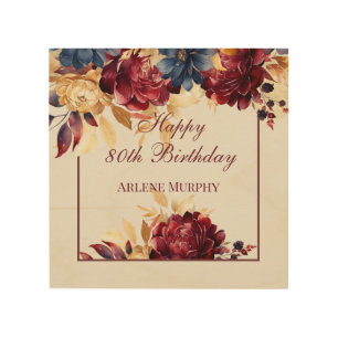 Burgundy Rose and Navy 80th Birthday Wood Wall Art
