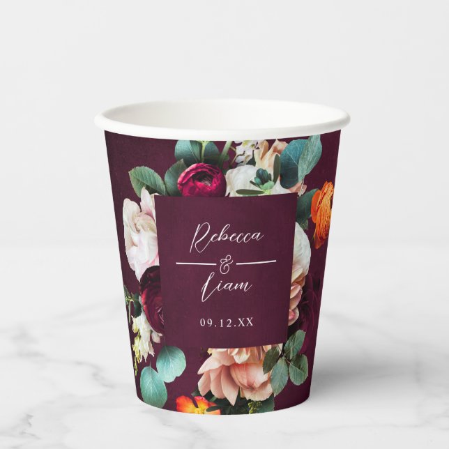 Burgundy Rose and Ranunculus Wedding Paper Cups (Front)