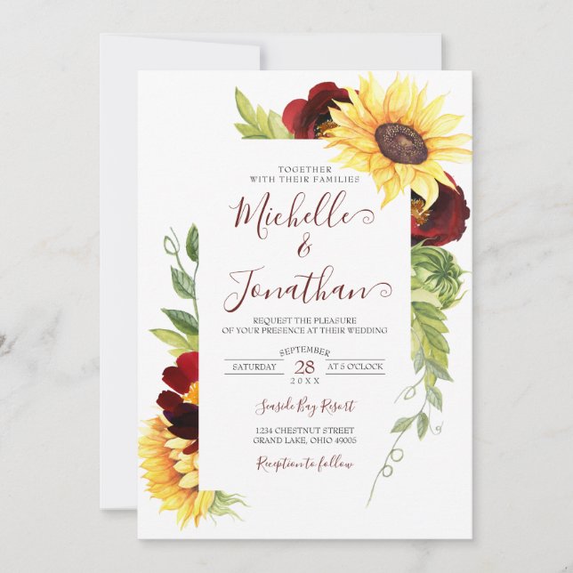 Burgundy Rose and Sunflower Wedding Invitation (Front)