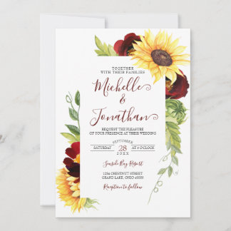 Burgundy Rose and Sunflower Wedding Invitation