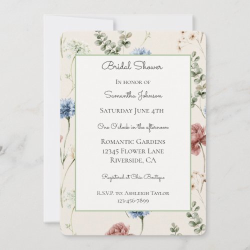 Burgundy Rose Blue White Floral Bridal Shower Invitation