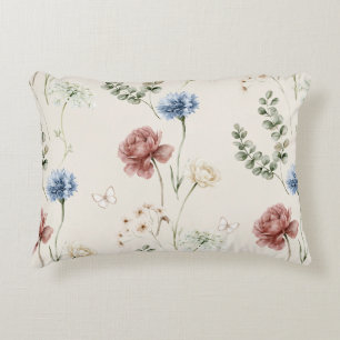 Burgundy Rose Blue White Flowers Butterfly Accent Pillow