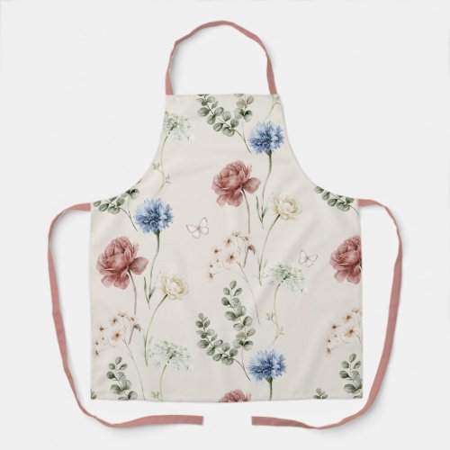 Burgundy Rose Blue White Flowers Butterfly Apron